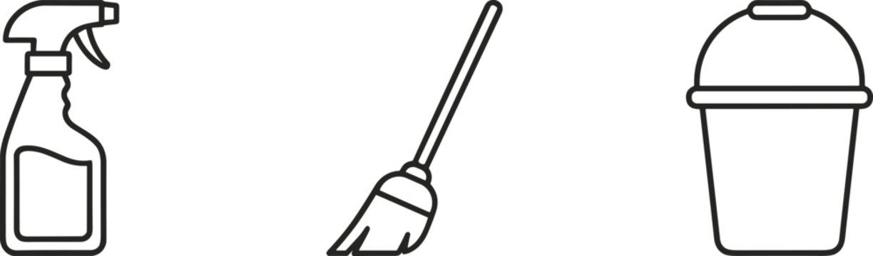 Minimalist black line icon set featuring cleaning spray broom bucket business data analytics medical healthcare cyber security meditation wellness and creative office symbols.