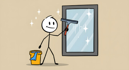 Happy Stick Figure Cleaning Window with Squeegee, Sparkling Glass, Household Chores and Home Maintenance Illustration