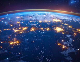 Illuminated Earth at night, showing city lights and celestial backdrop