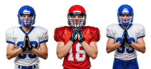 High School Male Football Players in Uniforms Praying Before Game
