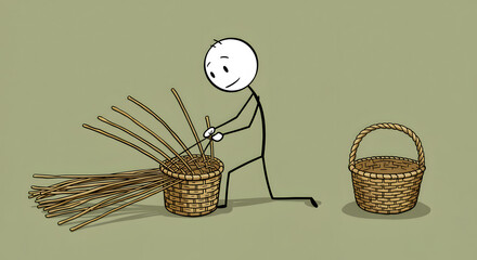 Stick Figure Weaving a Basket by Hand. Handmade Craft and Traditional Skill with Natural Materials