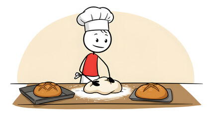 Cartoon Baker Kneading Dough and Baking Fresh Bread Loaves