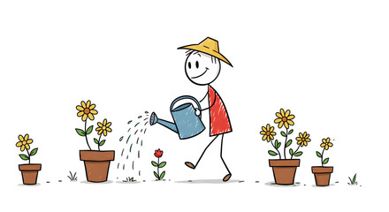 Stick figure person in a hat watering potted flowers, symbolizing gardening, growth, and nurturing care in a simple illustration.
