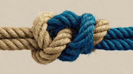 Close-up of intertwined ropes, a beige one and a vibrant blue one, tied together in an intricate knot, demonstrating connection