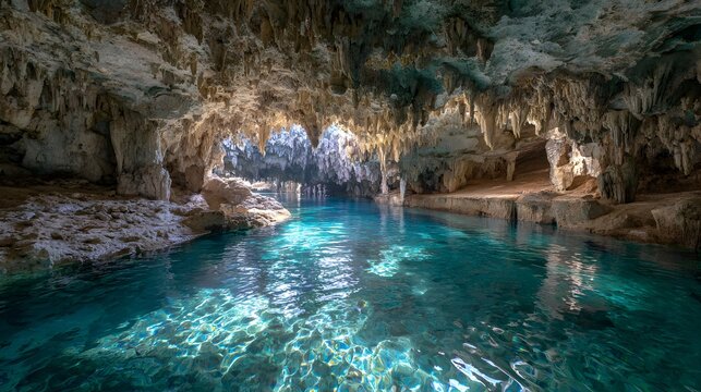 Stunning Underground Cave with Crystal Clear Turquoise Water and Stalactites.