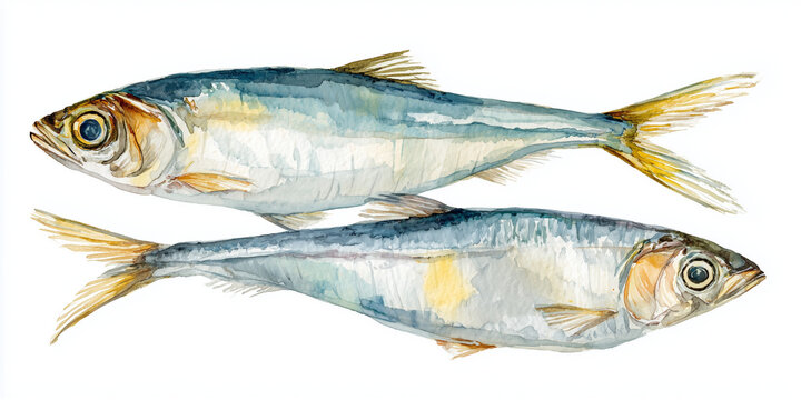 Watercolor illustration of fresh Anchovies, hand-painted watercolor style, realistic anatomy, soft pastel tones, subtle texture, isolated on white background
