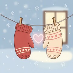 Two mittens one red and one cream hang on a clothesline with wooden pegs.