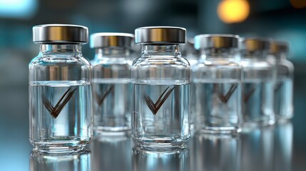 Group of transparent vials with metallic caps, filled with clear liquid, and a checkmark, arranged on a reflective surface