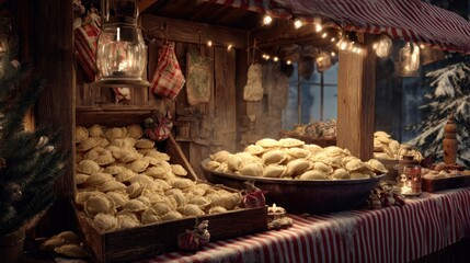 Christmas themed pierogi stand with festive dumplings and Polish decorations,