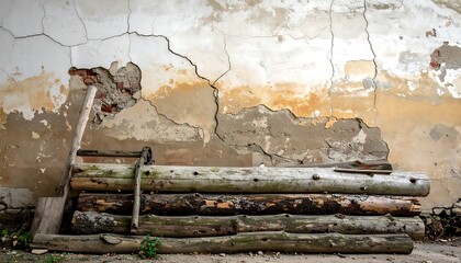 Stacked logs sit before cracked, peeling wall, evidence of age and disrepair on building's surface