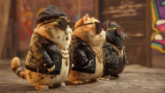 Two tabby cats in biker jackets sit on a gritty street, graffiti walls behind, posing as savvy, duo
