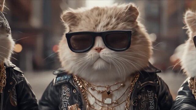 Three cool cats wearing sunglasses and leather jackets, adorned with gold chains, urban vibe. bold