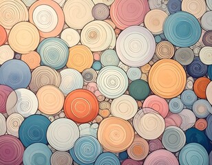 A vibrant mosaic of stylized, layered circles in various soft pastel hues, creating a textured and dynamic abstract pattern