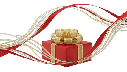 Festive Red Gift Box With Golden Bow And Dynamic Ribbons