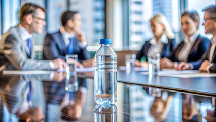 A clear plastic water bottle on a conference table in a modern office