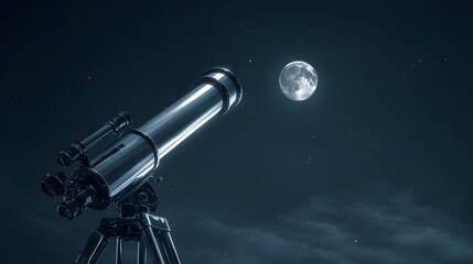 Telescope Aiming at the Moon in the Night Sky.