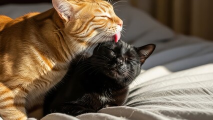 Orange tabby licking black cat on sunlit bed in gentle display of feline affection