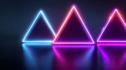 Three glowing neon triangles in a row with vibrant blue and pink lights reflecting on a dark surface.