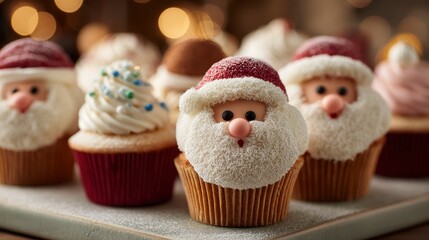 Festive cupcakes, each decorated to resemble Santa Claus. Various frosted desserts in a close-up shot. Perfect treats for the holiday season