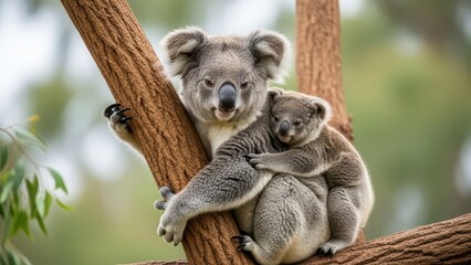 Fototapeta premium Koala mother and baby on tree branch in natural habitat