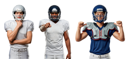 Three Male Football Players in Various Poses and Uniforms for Sports Marketing and Promotion