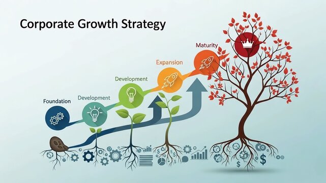 Corporate growth strategy stages from foundation to maturity