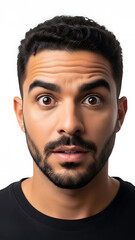 Obraz premium A close-up portrait of a surprised man with a beard and mustache looking directly at the camera