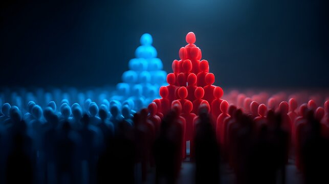 Two opposing groups of people figures in red and blue facing each other.