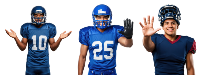 Three Male Football Players in Uniforms Posing with Expressions of Excitement and Confidence