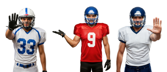 Three Male Football Players in Uniform Making Gesture on transparent background