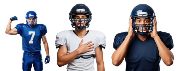 Diverse Group of Male Football Players in Uniforms Displaying Various Emotions and Poses