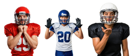 Group of Three Male Football Players in Different Jerseys with Unique Expressions - Sports Team Portrait