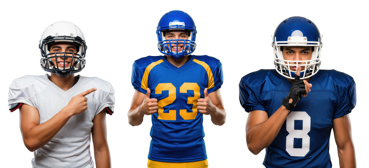 Three Male Football Players in Uniforms Posing with Helmets and Jerseys for Sports Photography