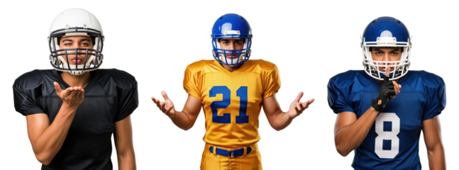 Youth Male Football Players in Team Jerseys Expressing Emotions During Game, Three Athletes with Helmets
