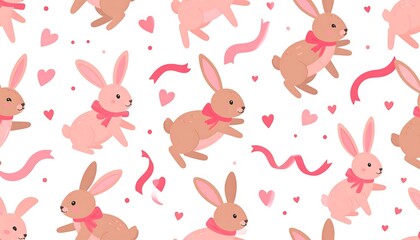 Whimsical illustration features playful bunnies, ribbons, and hearts, creating a charming festive pattern