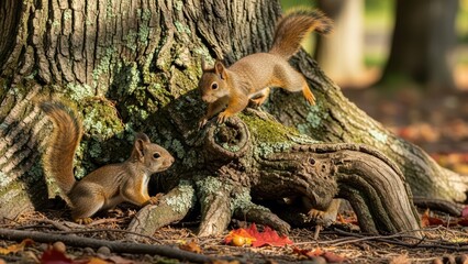 Fototapeta premium Playful red squirrels in autumn forest with vibrant foliage and tree roots