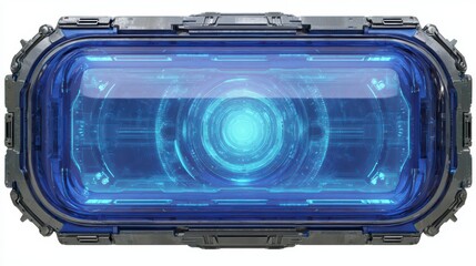 Futuristic digital display encased in metallic gray and blue materials, showcasing abstract glowing circular patterns