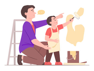 Father Teach His Son to Painting Wall with Paint Roller for Parents with Child and Family Activity Concept Illustration