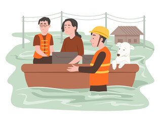 Rescue Worker Volunteer Help People and Pet Evacuate from the Floodwaters for Natural Disaster and Emergency Situation Concept Illustration