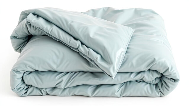 Soft light blue comforter and pillow set neatly folded