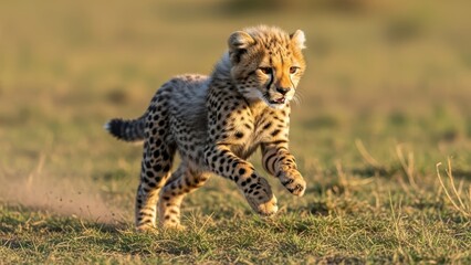 Obraz premium Playful cheetah cub running on grassland in afternoon sunlight