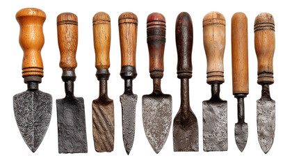 Set of forged steel tools with wooden handles isolated on transparent background