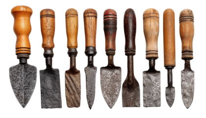 Set of forged steel tools with wooden handles isolated on transparent background