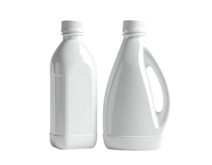 Two white plastic bottles, one with a handle, against black
