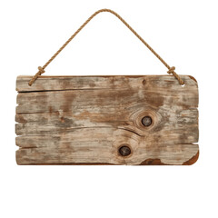 Old rustic wooden sign board hanging on rope, weathered plank texture
