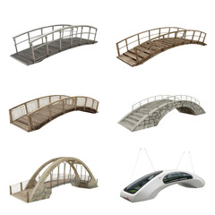 Set of various pedestrian bridge designs including wooden, stone, metal, and futuristic styles, 3D rendering game assets