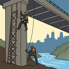 Two Workers Repairing a Bridge Over a River