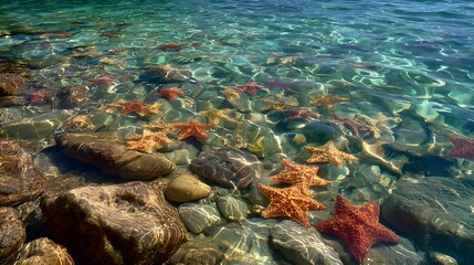 Vibrant Starfish Cling to Rocky Seabed in Crystal Clear Turquoise Waters.