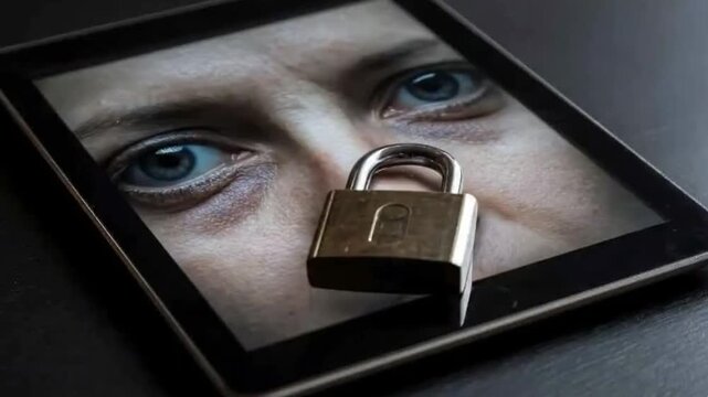 A close-up shot captures a physical brass padlock resting prominently on the screen of a generic digital tablet. The tablet's display features a magnified image of a person's intense, watchful blue ey