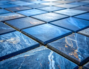 Close-up of a patterned grid of blue-gray stone tiles, showcasing texture and depth